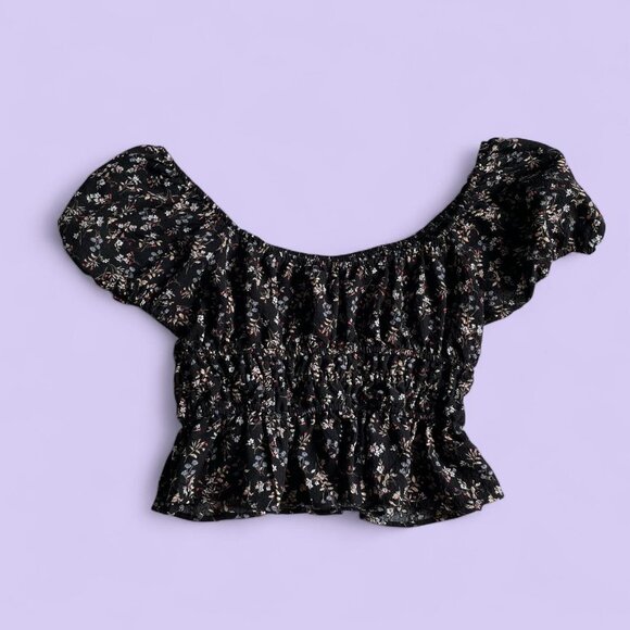 Moa Moa Black Floral Off-Shoulder Ruffle Crop Top – Size Medium - Picture 5 of 8